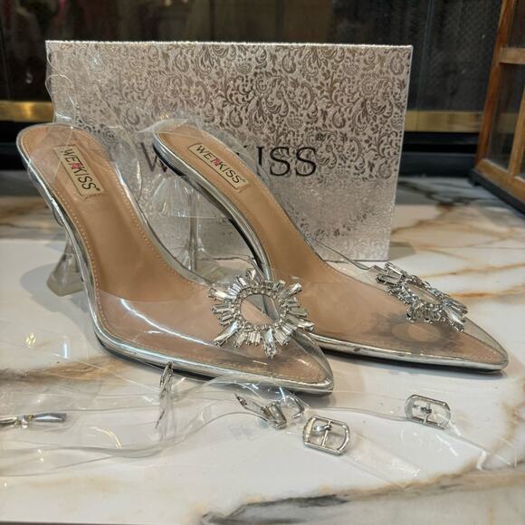 Wet Kiss Women’s Clear Crystal Rhinestones Slingback Pump Heels Size 9.5 - Picture 1 of 13
